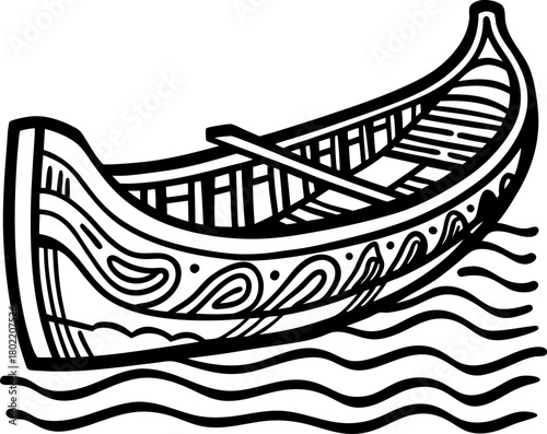 Decorative wooden canoe illustration on wavy water hand drawn detailed boat with artistic line patterns