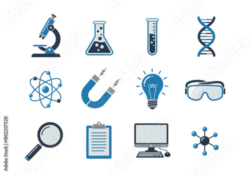 Collection of science and research icons including microscope, dna, atom, magnet, lightbulb, goggles, magnifying glass, clipboard, computer, and molecule