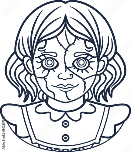 Creepy doll face illustration haunted porcelain vintage toy with cracks and eerie expression, spooky halloween icon