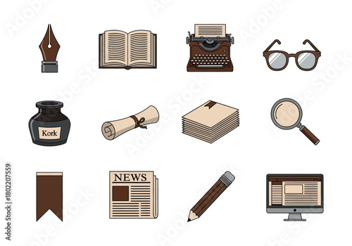 Collection of vintage writing and journalism icons
