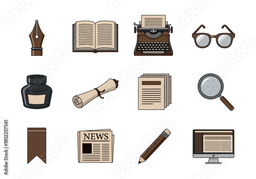 Collection of vintage writing and journalism icons, including a fountain pen, typewriter, glasses, inkwell, scroll, newspaper, and computer