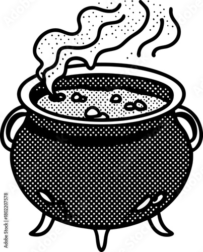 Mystical bubbling cauldron with steaming potion vintage magic pot illustration, witchcraft and alchemy symbol