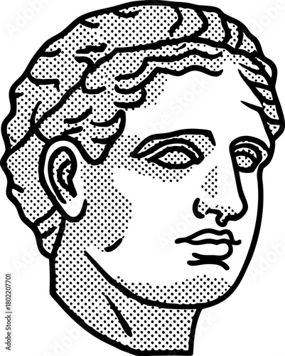Classical marble sculpture head ancient greek art style, male bust illustration, black and white engraving