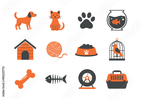Collection of cute orange and grey pet icons including a dog, cat, paw print, fishbowl, dog house, yarn ball, food bowl, birdcage, bone, fish skeleton, hamster wheel, and carrier