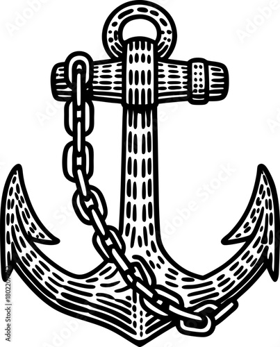 Classic nautical anchor with detailed rope chain, maritime vintage illustration, black and white ink drawing