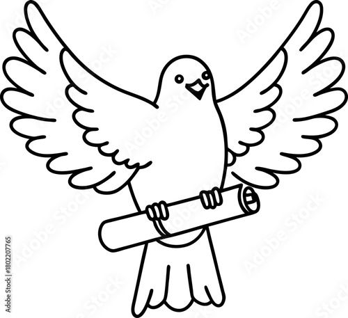 Dove with open wings carrying scroll outline peace symbol, messenger bird, communication, freedom concept