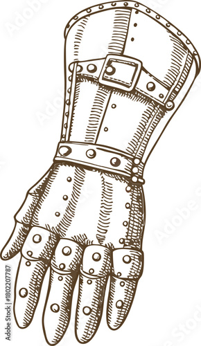 Medieval armored gauntlet illustration metal knight glove, hand protection for historical combat and defense