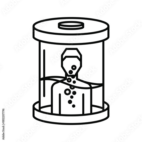 Human figure immersed in fluid within a cylindrical container, symbolizing bioengineering, cloning, or medical research processes
