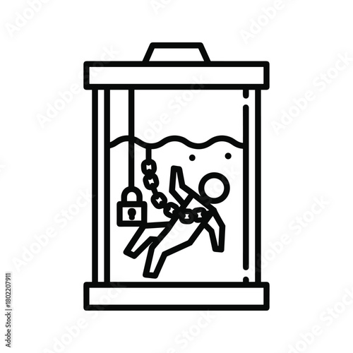 Trapped person in water tank line icon: symbolizing confinement, stress, pressure, and feeling overwhelmed