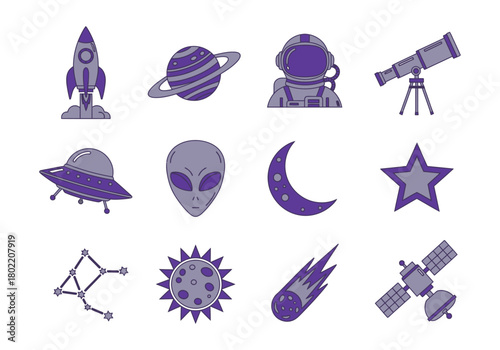 Collection of purple space icons including a rocket, planet, astronaut, telescope, ufo, alien, moon, star, constellation, sun, comet, and satellite