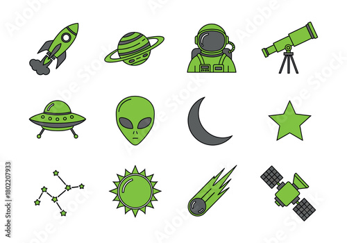 Collection of cartoon space icons including a rocket, planet, astronaut, telescope, ufo, alien, moon, star, constellation, sun, comet, and satellite
