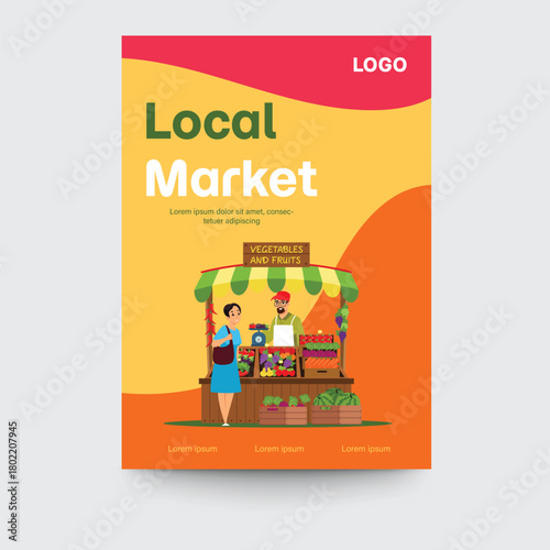 A colorful local market poster with a vendor and customer at the stall