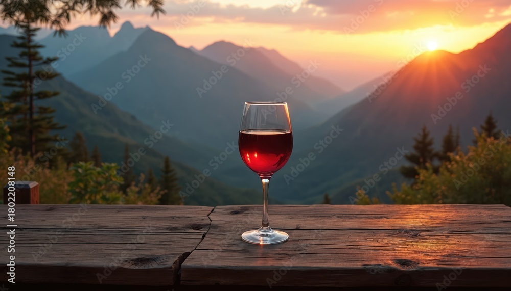 Naklejka premium Glass of red wine on wooden table. Mountain range in background at sunset. Glass on rustic wood with trees, hills. Red wine glass on table with natural scenery. Mountain view with glass of wine on