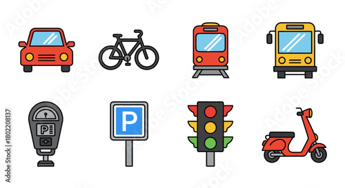 Colorful flat transport and sign icons set for urban mobility design