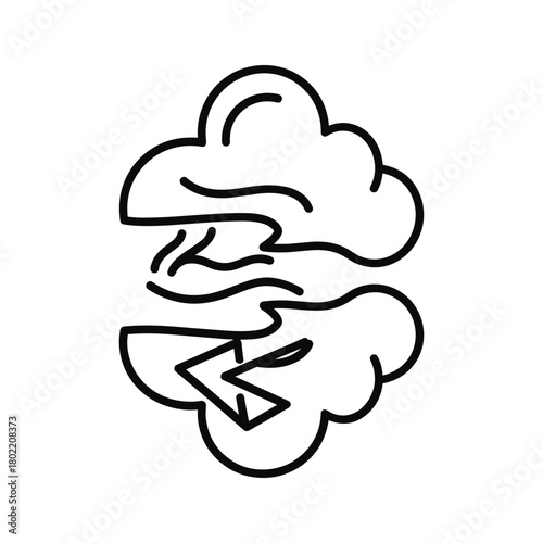 Weather clouds outline with wind air flow and powerful lightning bolt symbol icon vector illustration design isolated