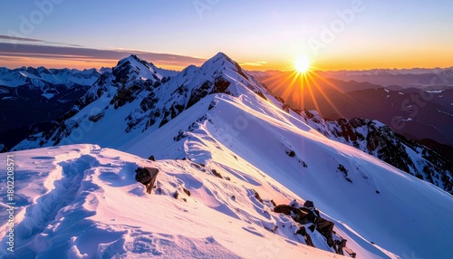 A breathtaking sunrise illuminates a snow-covered mountain range, casting golden rays across the peaks and valleys.