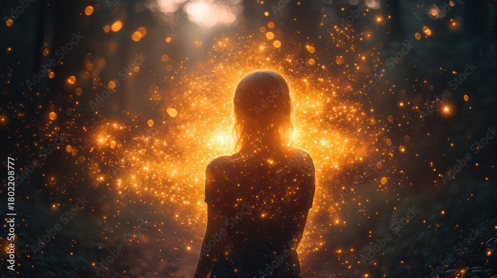 Fototapeta premium A young woman with long hair, seen from behind, surrounded by a glowing, magical aura in a forest setting.