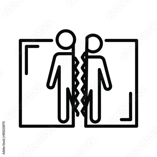Icon representing relationship breakdown, divorce, separation, conflict, or division between two people, concept of social issues