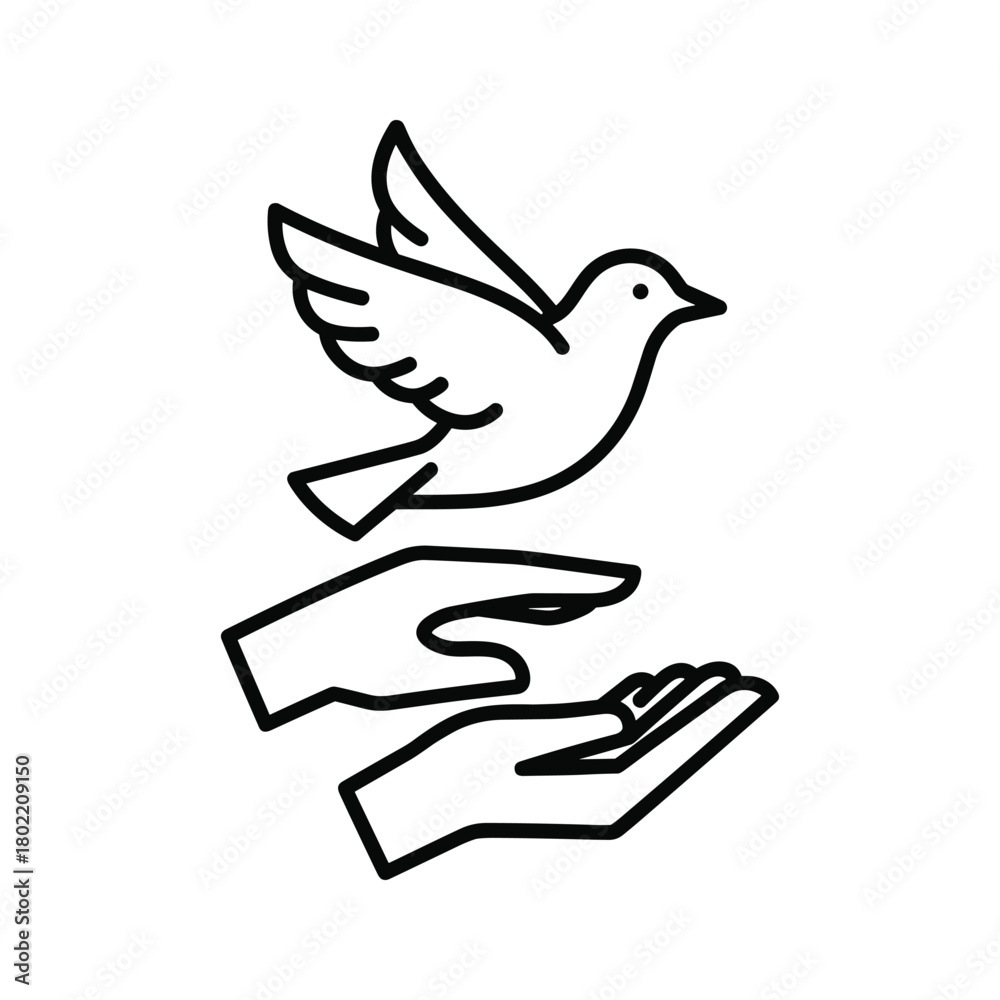 Obraz premium Outline illustration of hands gently releasing a flying dove, symbolizing peace, freedom, hope, protection, and care.