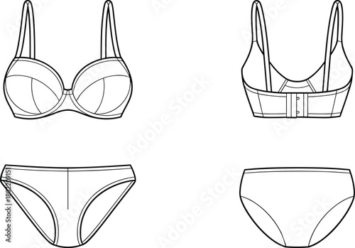 Women's lingerie technical sketch, bra and panty front and back view, underwire bra, bikini panties, fashion illustration, garment construction drawing, vector outline