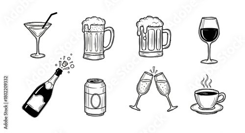 Hand drawn beverage icons: martini, beer, wine, champagne, coffee, and more