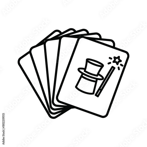 Line art illustration of a fan of playing cards with the top card featuring a magician's hat and magic wand icon.