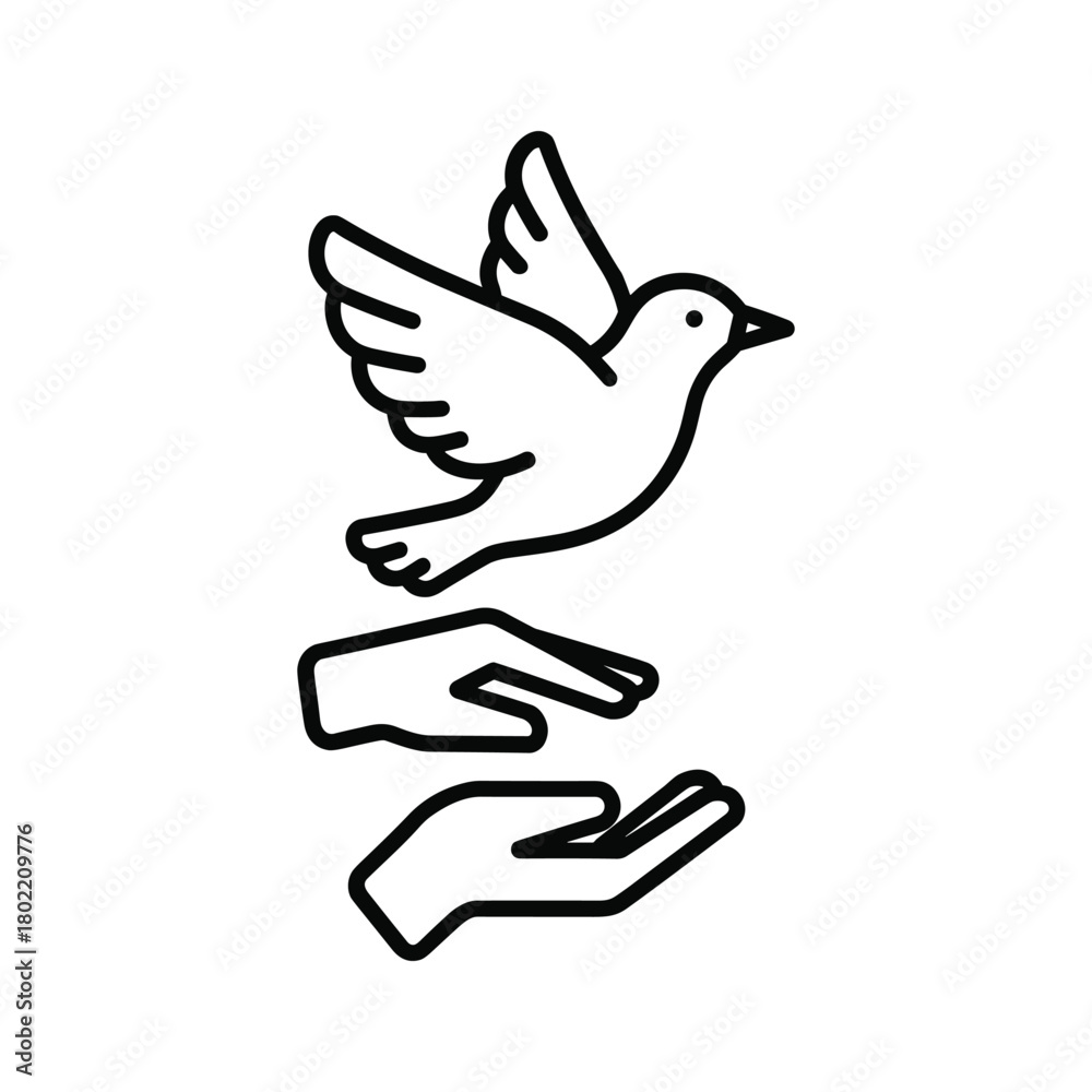 Obraz premium Minimalist line art illustration: a white dove taking flight from open hands, symbolizing peace, freedom, and hope