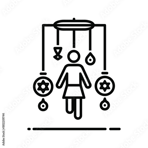 Parenting and baby mobile icon with abstract person figure, representing care, new parenthood, infant decor, and childhood.