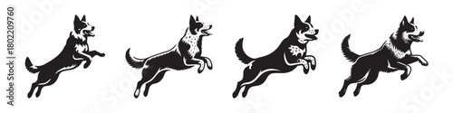 Jumping dog silhouette sequence black and white illustration.