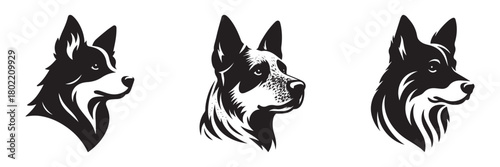 Dog portraits in profile black and white illustrations canine art animal designs.