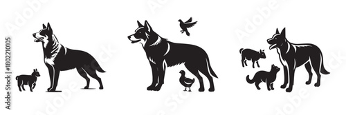 Dog with other animals black and white illustration.