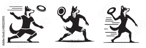 Dog Frisbee Action: Dynamic Silhouette Illustrations.