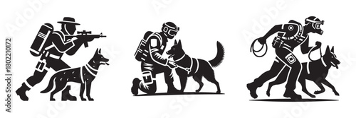 Military dog and handler team in action tactical operation training.