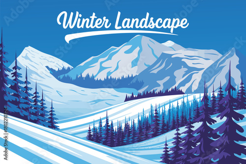 Winter landscape with rocks, skiing slopes, forest and mountains in the background, handmade drawing vector illustration, perfect for winter sports graphics, holiday posters, outdoor adventure artwork
