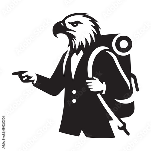 Eagle in Suit with Backpack Pointing the Way.