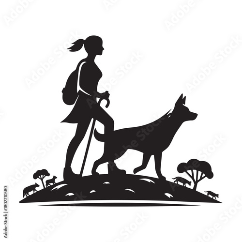 Woman and dog hiking together in nature silhouette.