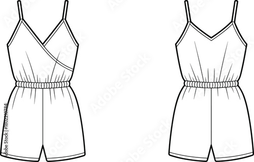 Women's romper technical sketch, front view, wrap-style bodice, V-neckline, spaghetti straps, elastic waist, fashion flat, garment construction, vector illustration