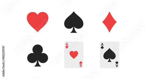 Minimalist card suits and playing cards: heart, spade, diamond, club