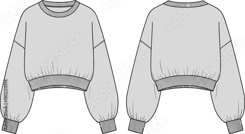 Women's cropped sweatshirt with drop shoulder, voluminous balloon sleeves, rib trim, technical fashion flat sketch vector template, front and back.