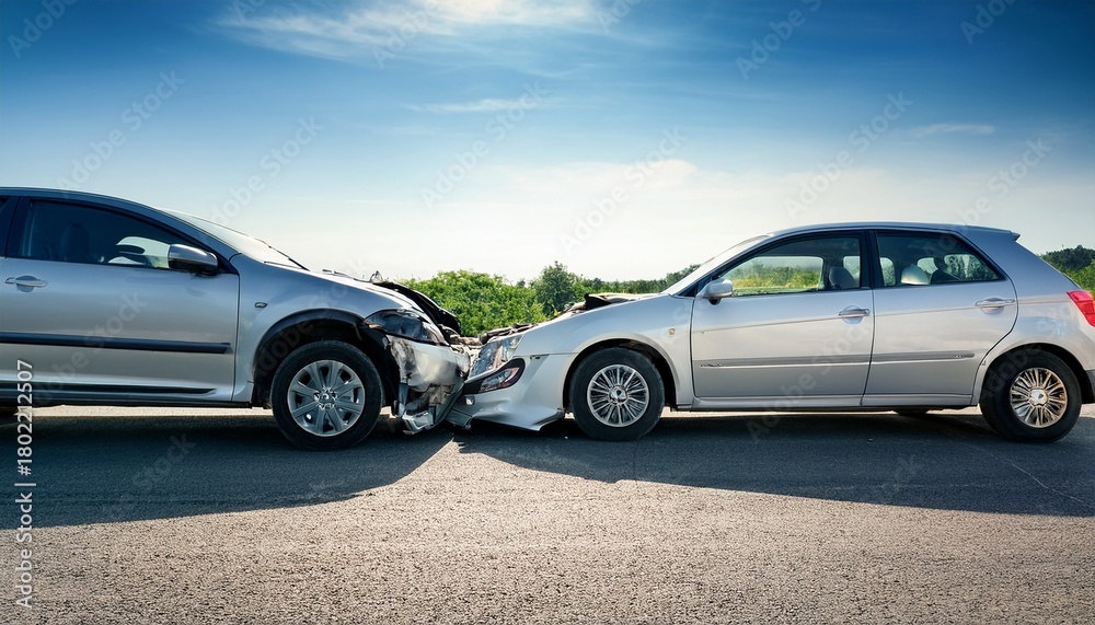 Fototapeta premium two damaged cars a silver hatchback rear ended a white car on a road visible in daytime