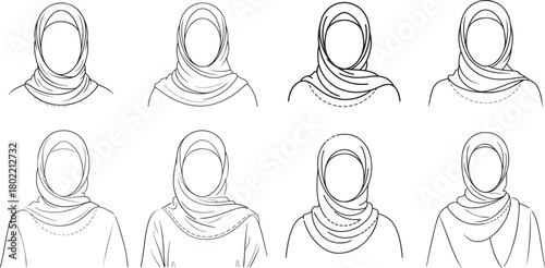 Collection of Minimalist line art of a hijabi woman facing forward, hand drawn concept for decoration on white background. 