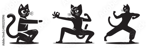 Black cats in martial arts poses a dynamic illustration.