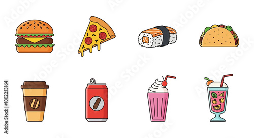 Set of flat icons featuring fast food and drinks