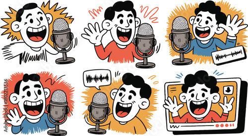 Fun Cartoon Podcaster Character Set: Expressive Doodle Host Avatars