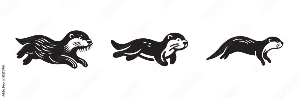 Naklejka premium Otter Trio: Playful Aquatic Mammals in Motion.