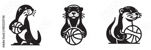 Otter Basketball Trio: Playful Sports Team Mascot Logos.