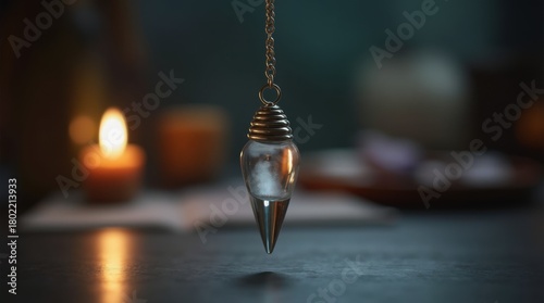 Close up of crystal pendulum swinging over chart face obscured dowsing technique divination tool spiritual guidance energy reading psychic practice pendulum reading