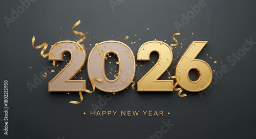 Festive 3D Golden Numbers 2026 with Confetti and Ribbons Celebrating New Year's Eve Holiday