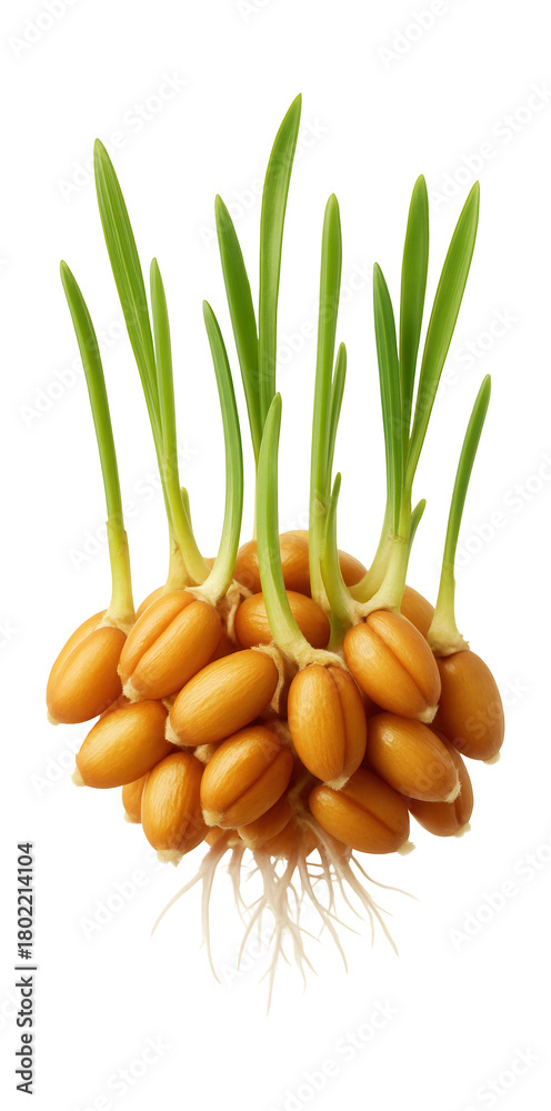 Obraz premium Sprouted wheat grain with visible green shoots and roots.