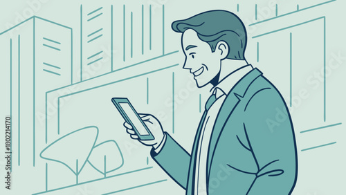 Man in suit smiles while looking at his phone in an urban setting with buildings in the background